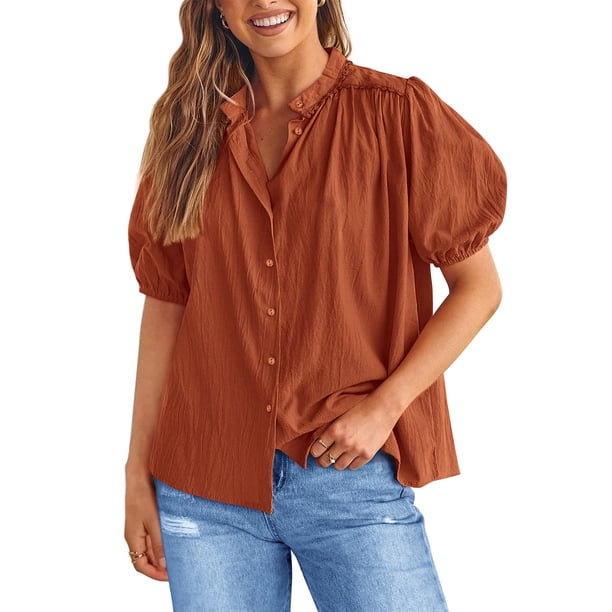 Camisa PRETTYGARDEN con Botones y Mangas Farol en Rojo Ladrillo M