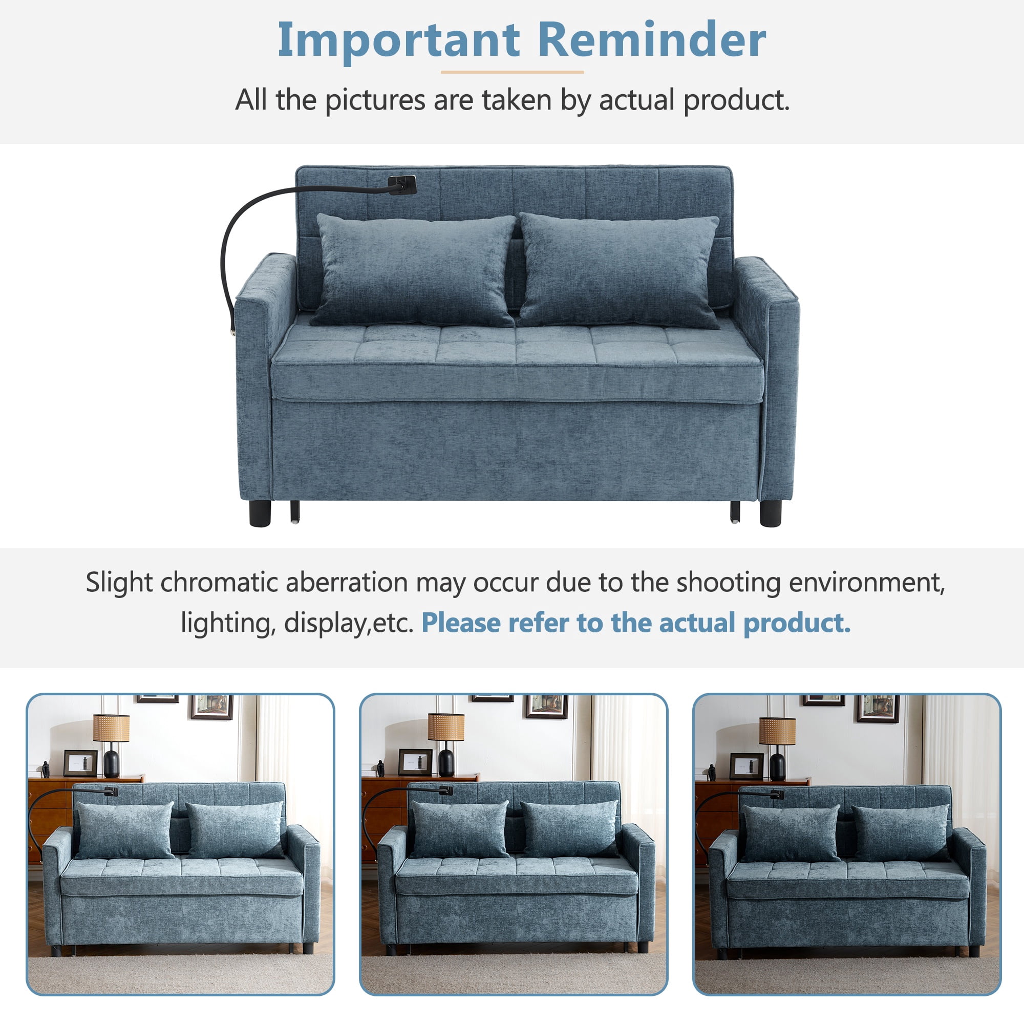 BTMWAY 3 in 1 Convertible Sleeper Sofa Couch with Pullout Bed, 59" Loveseat Sleeper Bed with Backrest Cushion, Side Pockets, 5 USB Ports & Phone Holder, Futon Couches for Living Room, Blue
