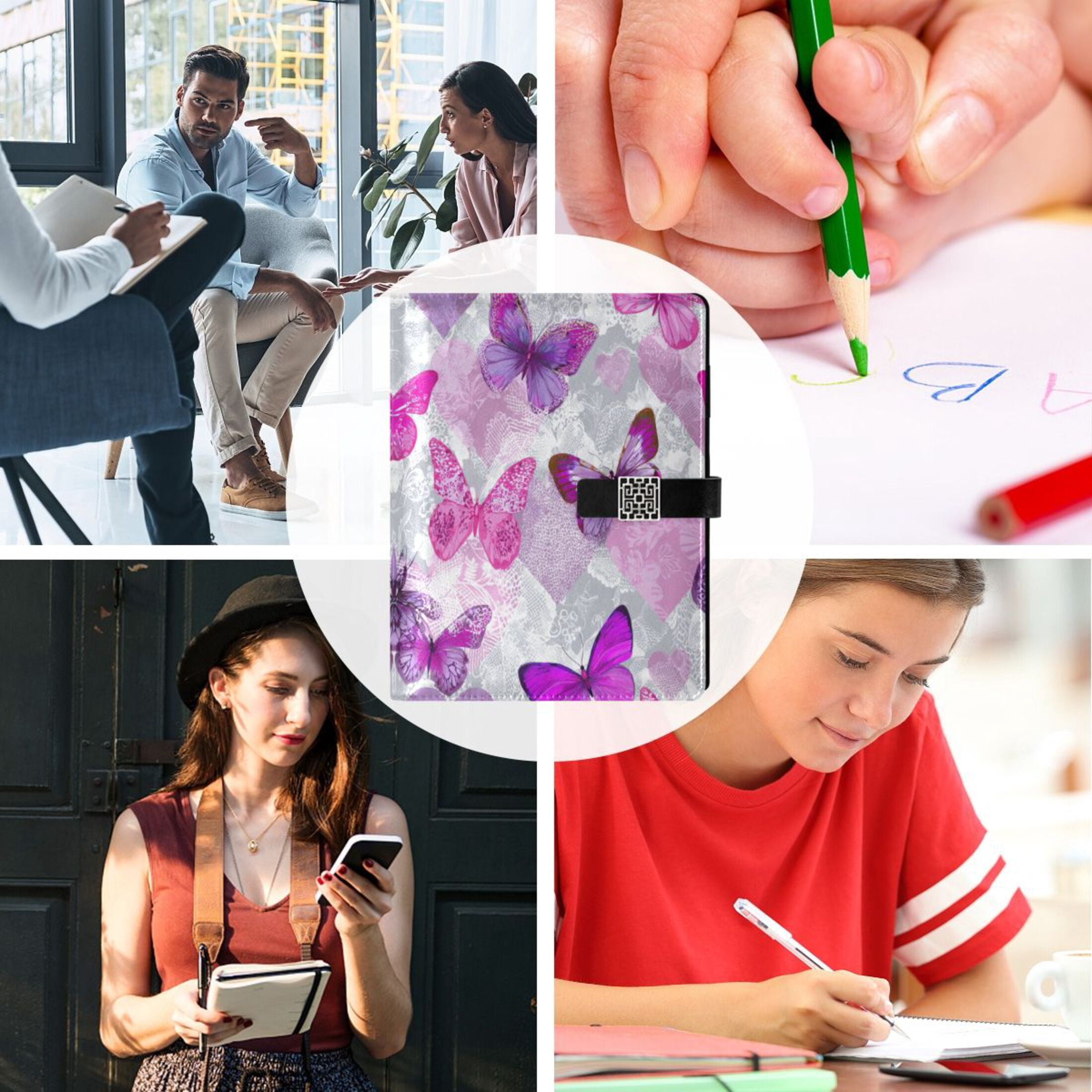 Leather Planner Leather Notebook Notebook Journal Binder Design Pen Pocket Design Convenient for Storage Pink Purple Butterflies