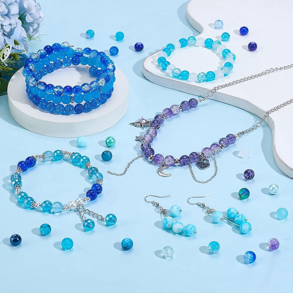 Blue PH 720pcs 8mm Blue Beads for Jewelry Making Glass Beads 24 Color Bracelet Bead Round Craft Loose Bead for Bracelets Necklaces Earring Summer Hawaii Boho Heshi Surfer Wave Jewelry Making