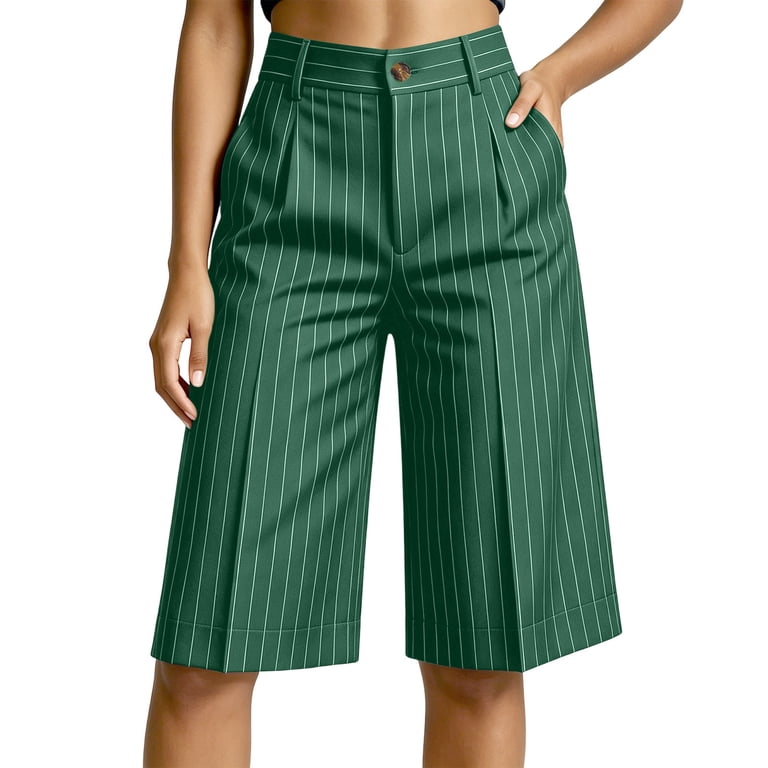 Utoimkio Women's Pinstripe Knee Length Shorts High Waisted