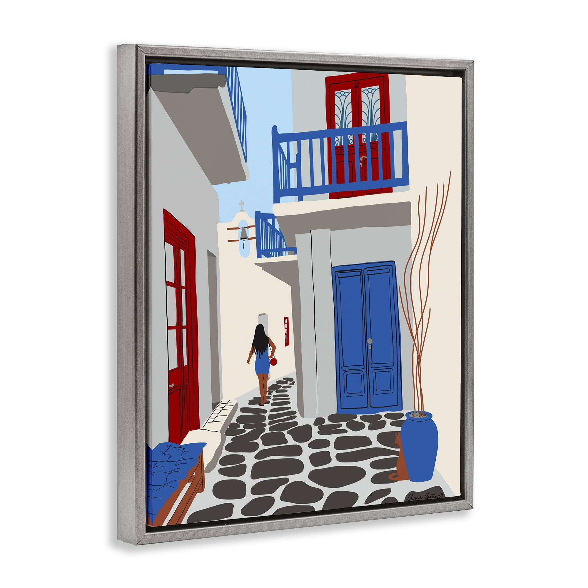 Stupell Industries Mykonos City Alley Buildings & Architecture Painting Gray Floater Framed Canvas Art Print Wall Art, 17 x 21