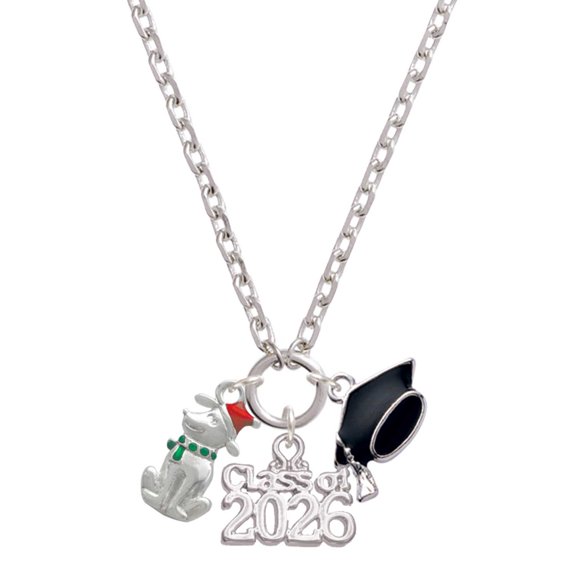 Delight Jewelry Silver-tone 2-D Christmas Dog with Red Hat - Class of 2026 Graduation Zoey Charm Necklace, 28"