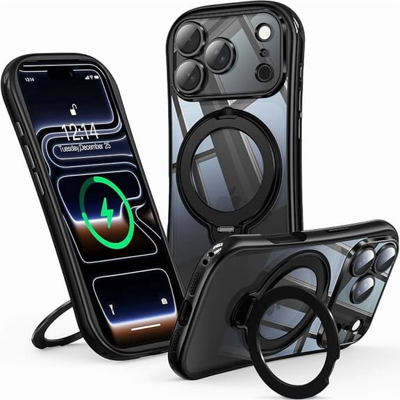 JETeacka 360° Spin Magnetic Stand for iPhone 17 Pro Max Case [Full Camera Protection] [Anti-Yellowing] Shockproof Protective Kickstand Plating TPU Cover for 17 Pro Max 6.9", Black