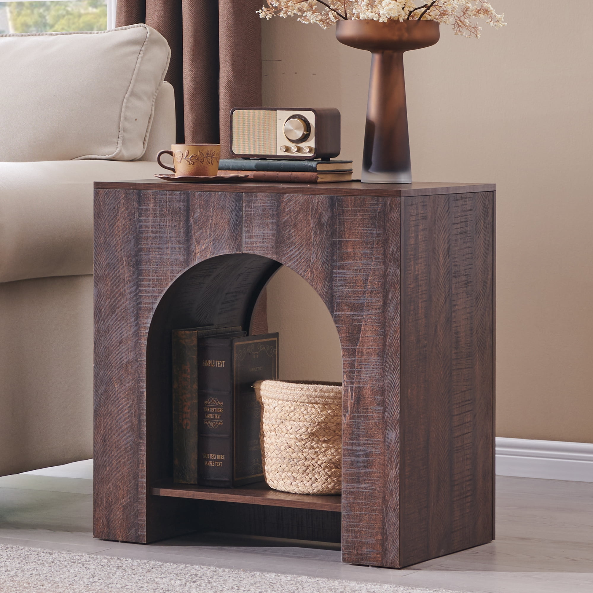SinCiDo Modern Arched Nightstand with Charging Station, Bedside Table with Open Shelf Storage for Bedroom, Living Room
