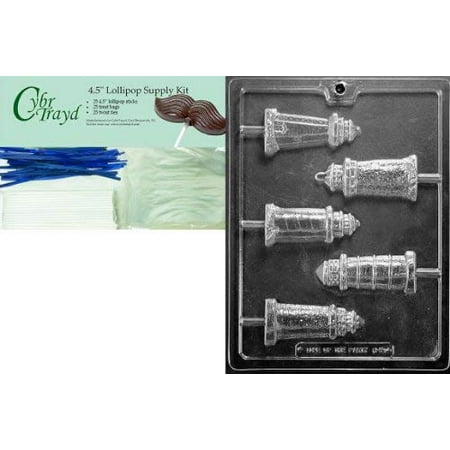 

Cybrtrayd 45StK25B-N060 Lighthouse Lolly Assortment Nautical Chocolate Mold with Lollipop Supply Bundle Includes 25 Lollipop Sticks 25 Cello Bags 25 Blue Twist Ties Instructions