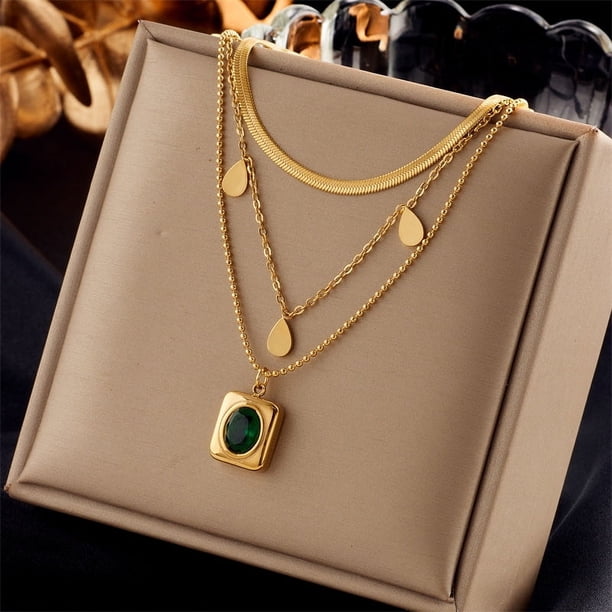 Zhuge Colgante de collar hecho a mano, con un colgante de acero de titanio con diamante verde de tres capas en forma de gota de agua suave (oro)