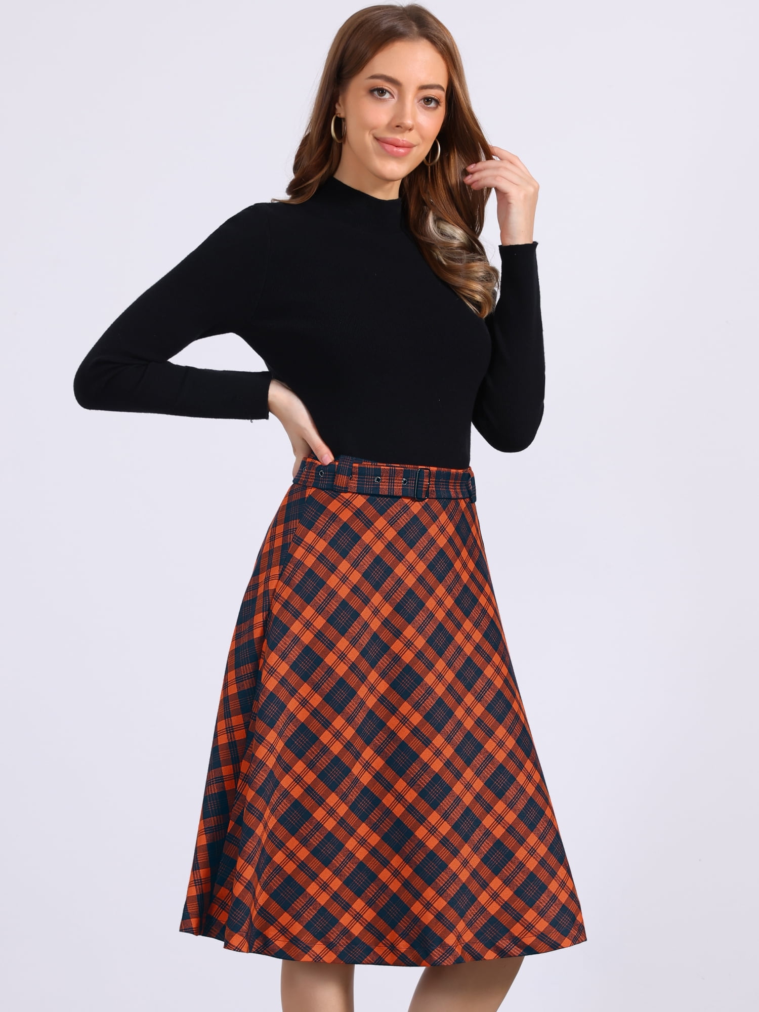 DARING DIVA Women's Plaid Tartan High Waist Belted A-Line Midi Skirt XL Orange Brown