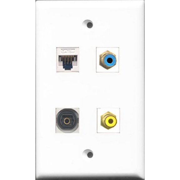 RiteAV 1 Port RCA Yellow and 1 Port RCA Blue and 1 Port Toslink and 1 Port Cat5e Ethernet White Wall Plate