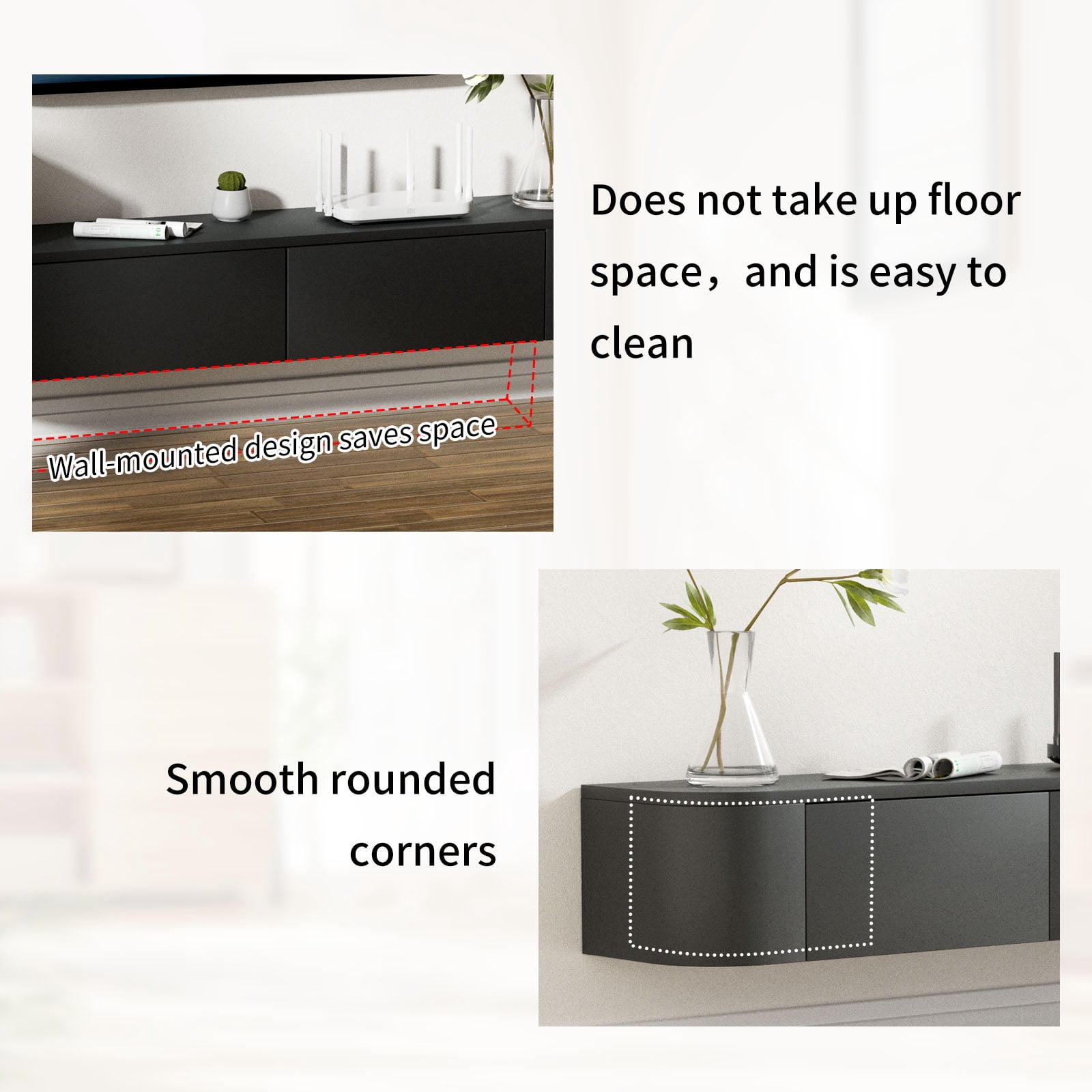 Wall Mounted Floating TV Stand Modern Media Console with 2 Drawers 1 Silent Door for Living Room Home Office (Black 140CM/55.1'')