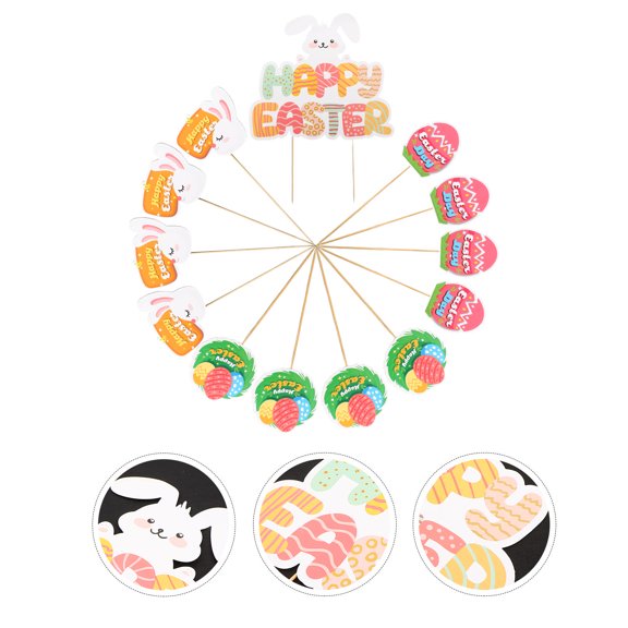 MLINS 13 Pcs Cake Picks for Easter Assorted Color Paper and Plastic Rabbit Ears 6.5 Inches