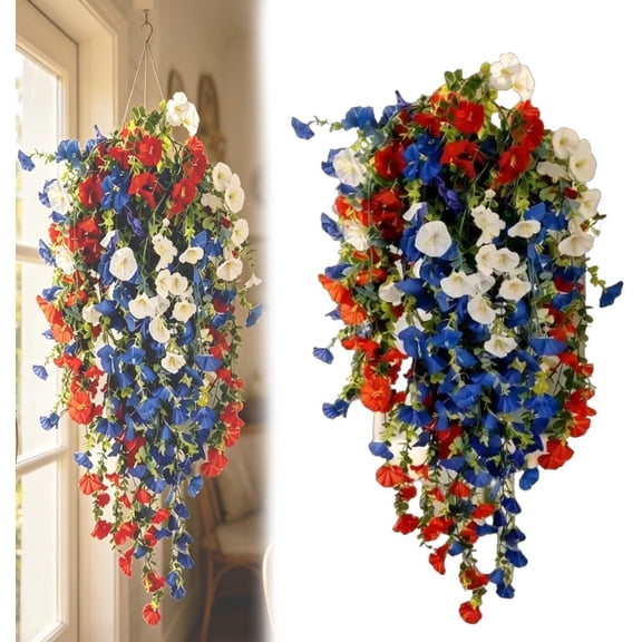 4th of July Decoration Tricolor Patriotic Artificial Flower – Red White and Blue Decorations, Memorial Day Fake Garden Flowers for Outdoor Decor, Patriotic Decor for Patio (1 Piece)