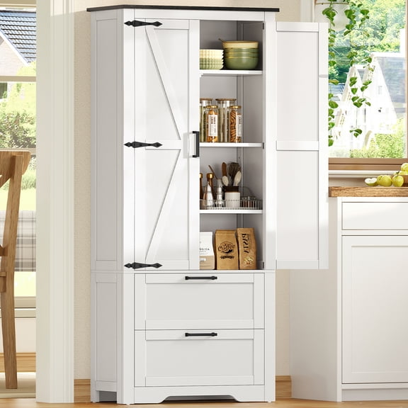 TEENFON 66.2" H Storage Cabinet with 2 Drawers, Farmhouse Kitchen Pantry Cabinet with 2 Doors & Adjustable Shelf, Handbag Storage Organizer, for Living Room, Kitchen, Bedroom, White