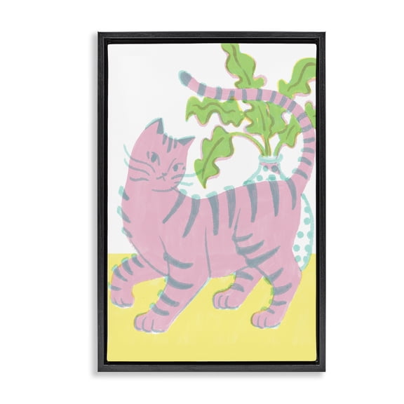 Stupell Industries Bohemian Pink Cat & House Plant Black Floating Frame Canvas Art, 17 x 25, by Hannah Moren