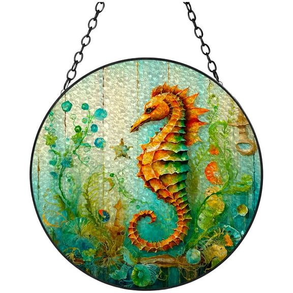 Wooden Sea Style Seahorse Stained Glass Suncatcher Handmade Window Hanging Colored Glass Suncatcher Crafts Kits for Indoor Garden Decor Memorial Gift 16x16cm