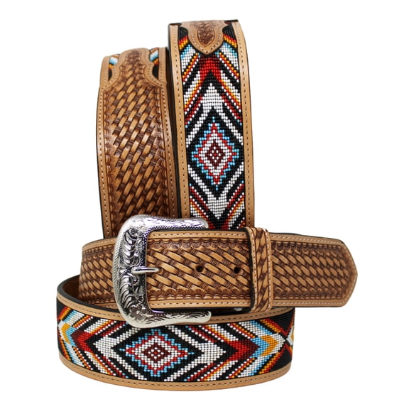 40  Western 2" Wide Basket Weave Tooled Beaded Genuine Leather Belt 26FK53U2