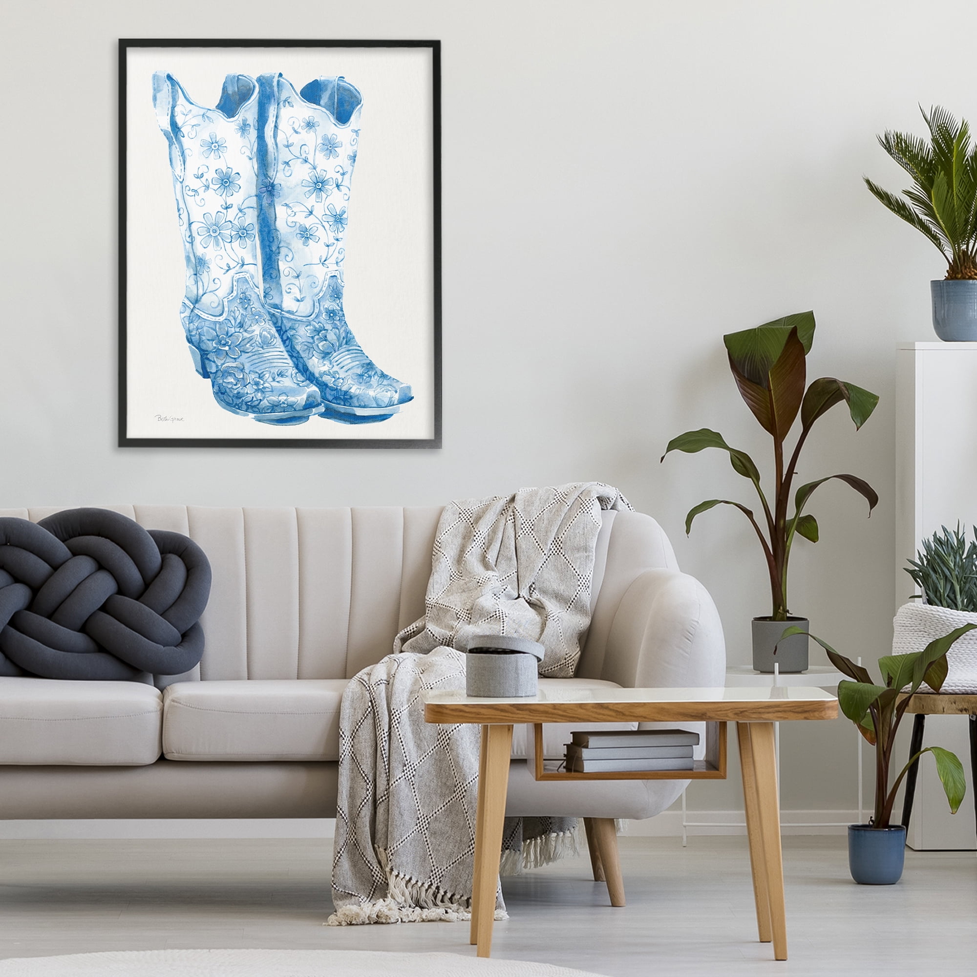 Stupell Industries Blue Boots with Floral Embroidery Black Framed Giclee Art, design by Beth Grove