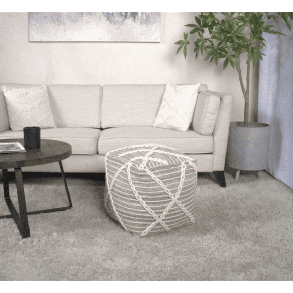 Rope Square Pouf Gray & Ivory, Modern Floor Cushion with Durable Wool Material, 16"x16"x16" Dimensions & Ideal for Home Decor & Daily Seating