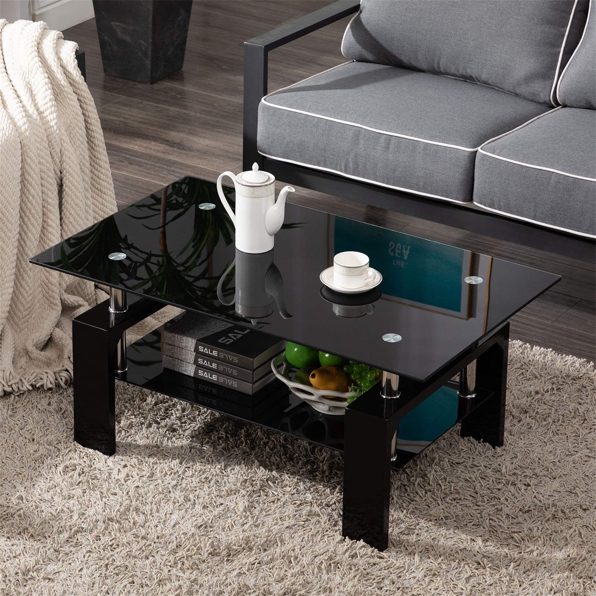 Aukfa Rectangle Tempered Glass Coffee Table Metal Tube Legs End Table for Living Room, Black