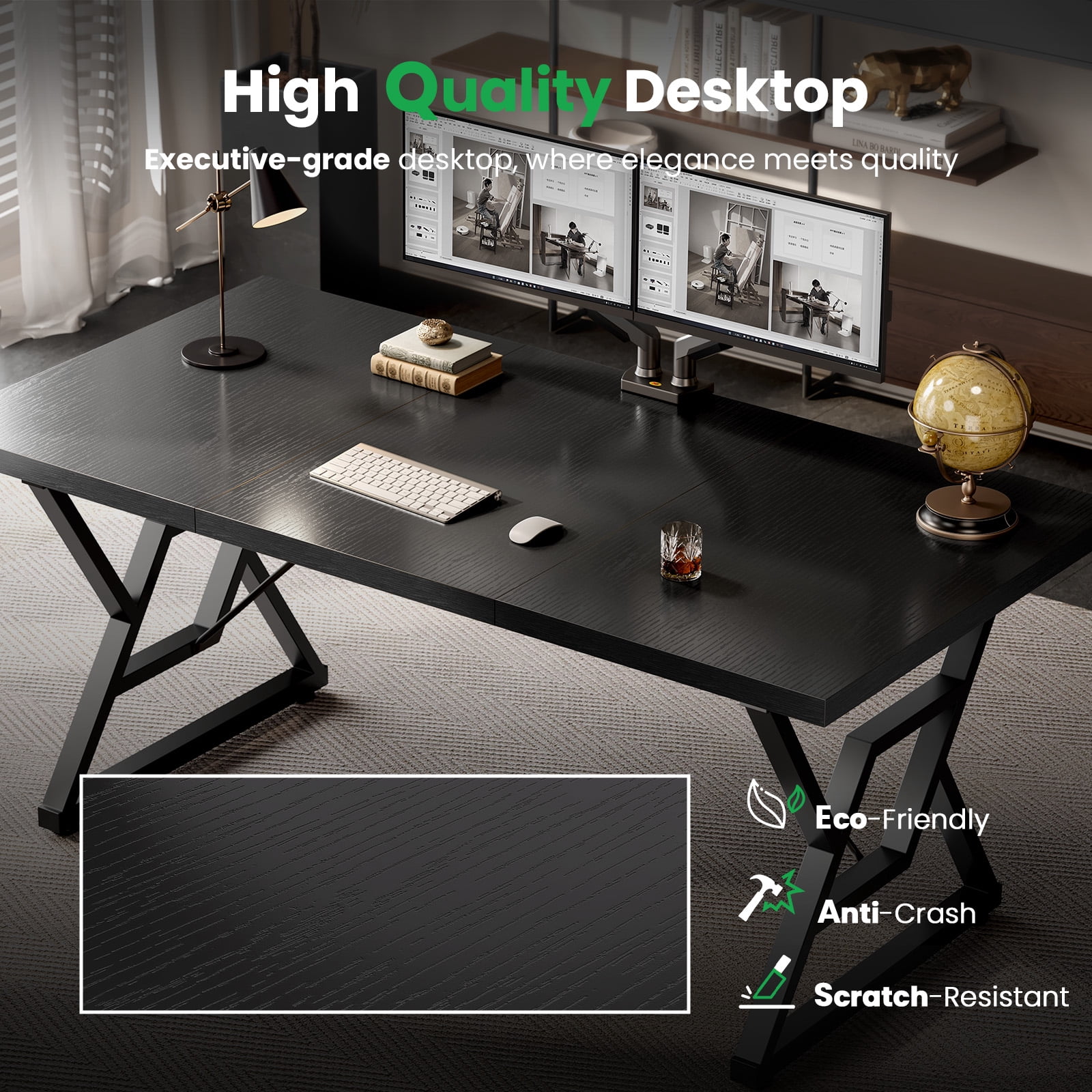 Computer Desk Executive Desk With Thick Wooden Tabletop And Metal Frame