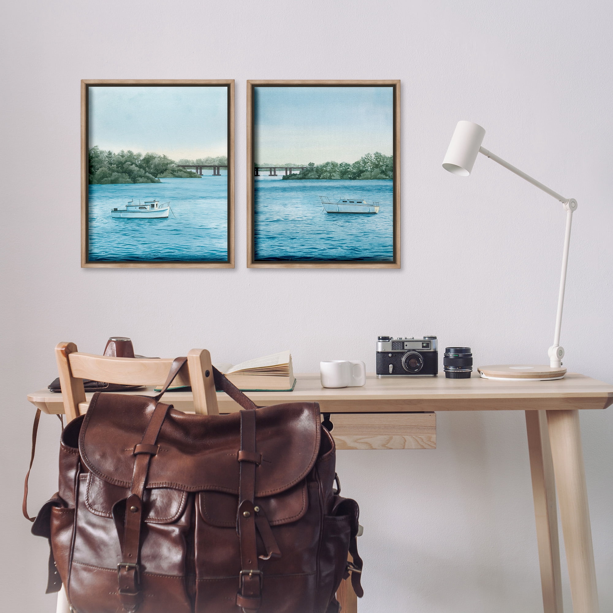 Stupell Industries Serene Summer Boats Landscape Painting Brown Floater Framed Canvas Art Print Wall Art, 17 x 21, Set of 2