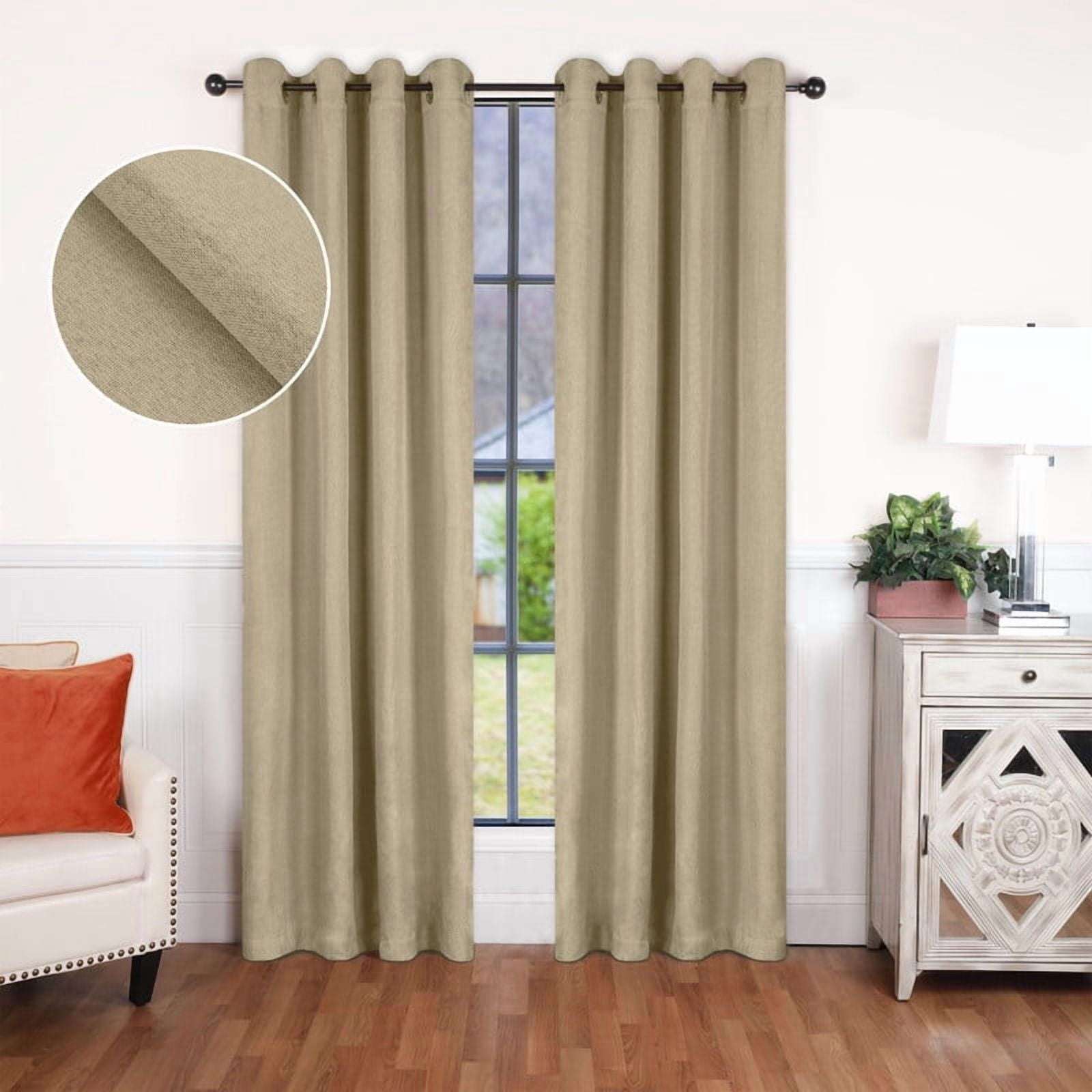Superior Linen Blackout Curtains Set of 2, Grommet Header Curtain Panel Pair, Frosted Almond, 52"W x 84"L