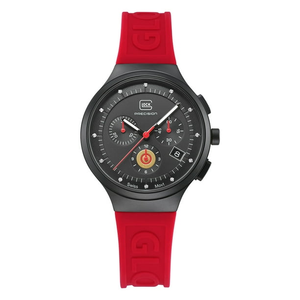 Reloj Glock Precision Woman con carcasa de acero negro y silicona roja