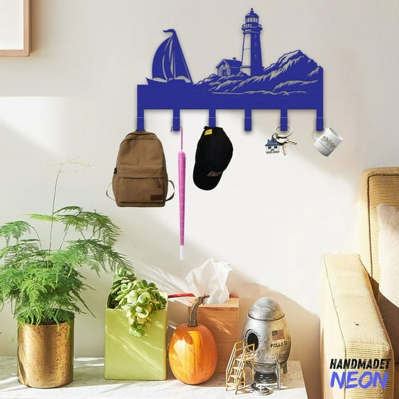 Handmadetneonsign Lighthouse Coat Rack Wall Hanger, Sailboat Metal Wall Hooks, Nautical Keys Holder Home Decor 75230
