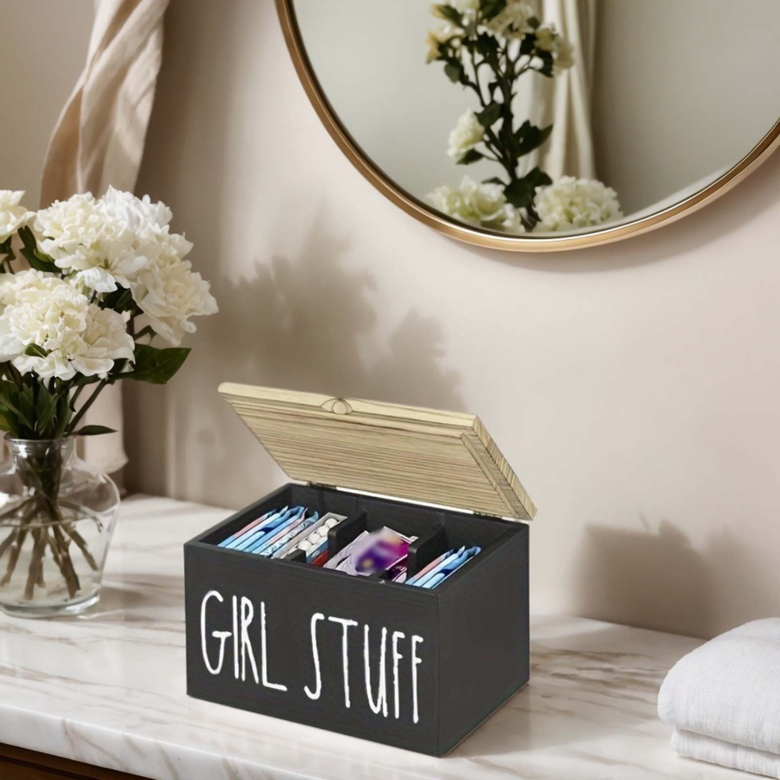 Tampon Holder for Bathroom with Hinged Lid – Feminine Product Organizer & Storage Box for Pads, Tampons & Lady Stuff – Bathroom Accessories & Toilet Organizer