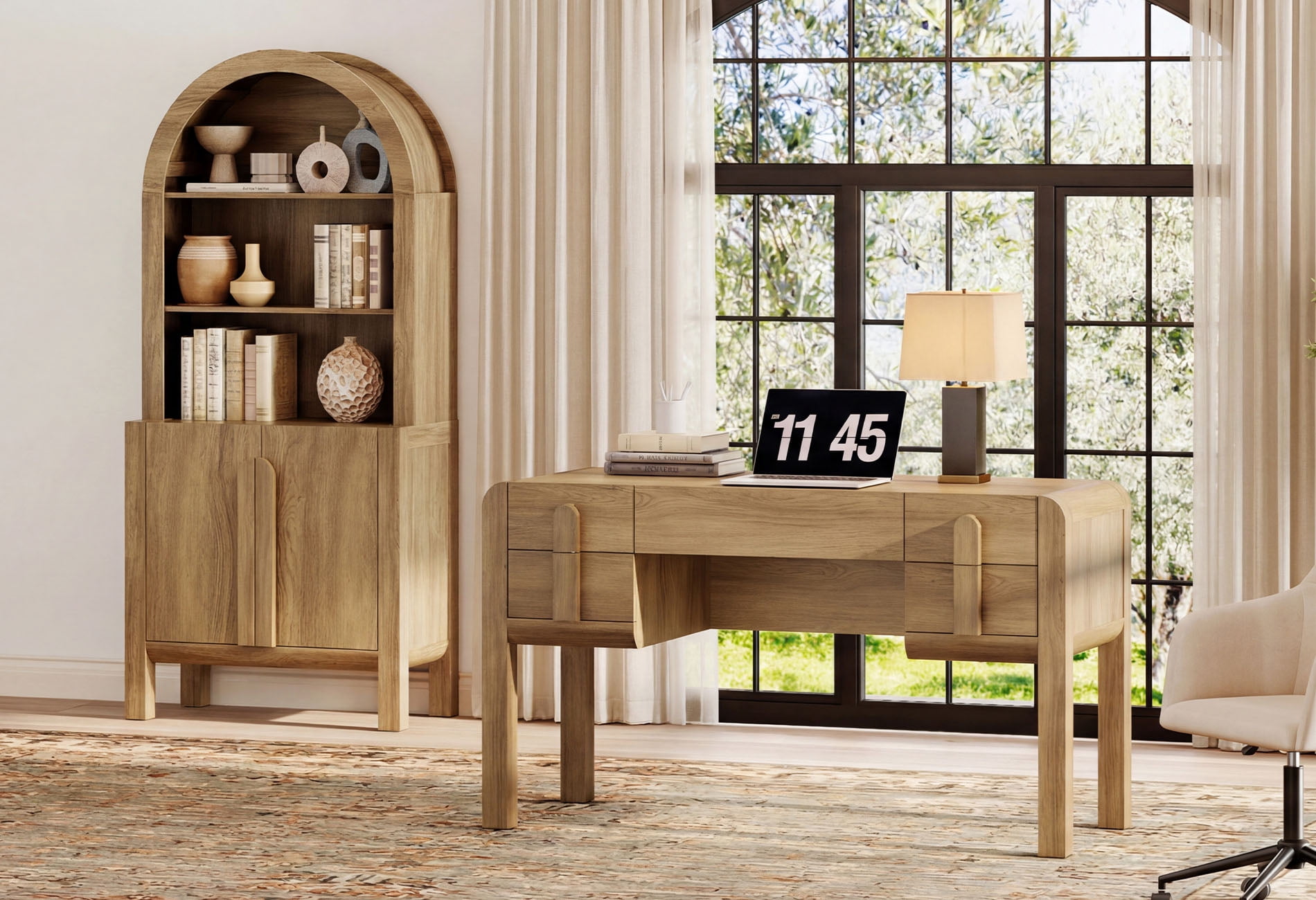 2 Piece Office Set, 53.5" Modern Executive Desk with Charging Station and Drawers & 71"H Tall 5-Tier Arched Bookcases with Storage Cabinet for Living Room, Bedroom, Home Office