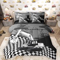 Manfei Construction Truck Vehicle 7pcs Bedding Comforter Set, Cartoon Plaid Buffalo Queen Bedding Sets, Kids Boys Teens Reversible Queen Sheet Sets, Lightweight Room Decor