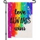 thumbnail image 1 of Bandera de jardín del orgullo, de arpillera, para exteriores, de 30 x 45 cm, de doble cara. Letrero de bienvenida "El amor siempre gana", arcoíris, para gays, lesbianas, LGBTQ, pansexuales, pequeñas, 1 of 5