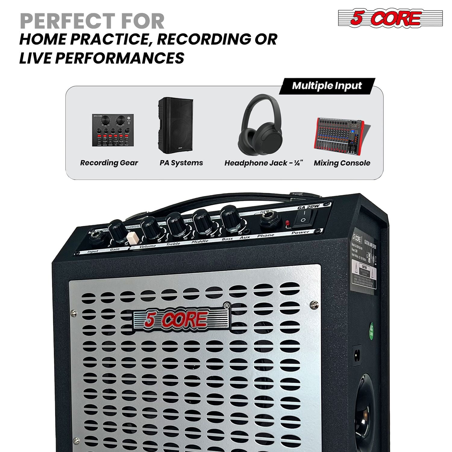 20W Portable Guitar Amplifier with 6.5" Speaker, AUX/Headphone Jacks & Adjustable EQ – Compact Amp for Electric Guitars and Bass