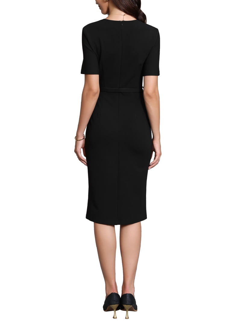 Inspire Chic Work Dress for Women Square Neck Short Sleeve Button Down Vintage Sheath Midi Dresses with Belt XS Black, Women's