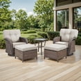 thumbnail image 2 of OPOHORO 5 Pieces Outdoor Conversation Set, with with T Shape-Back Cushions, Side Table and Ottomans, Brown Wicker Patio Furniture Swivel Rockers for Porch and Yard, Beige, 2 of 13