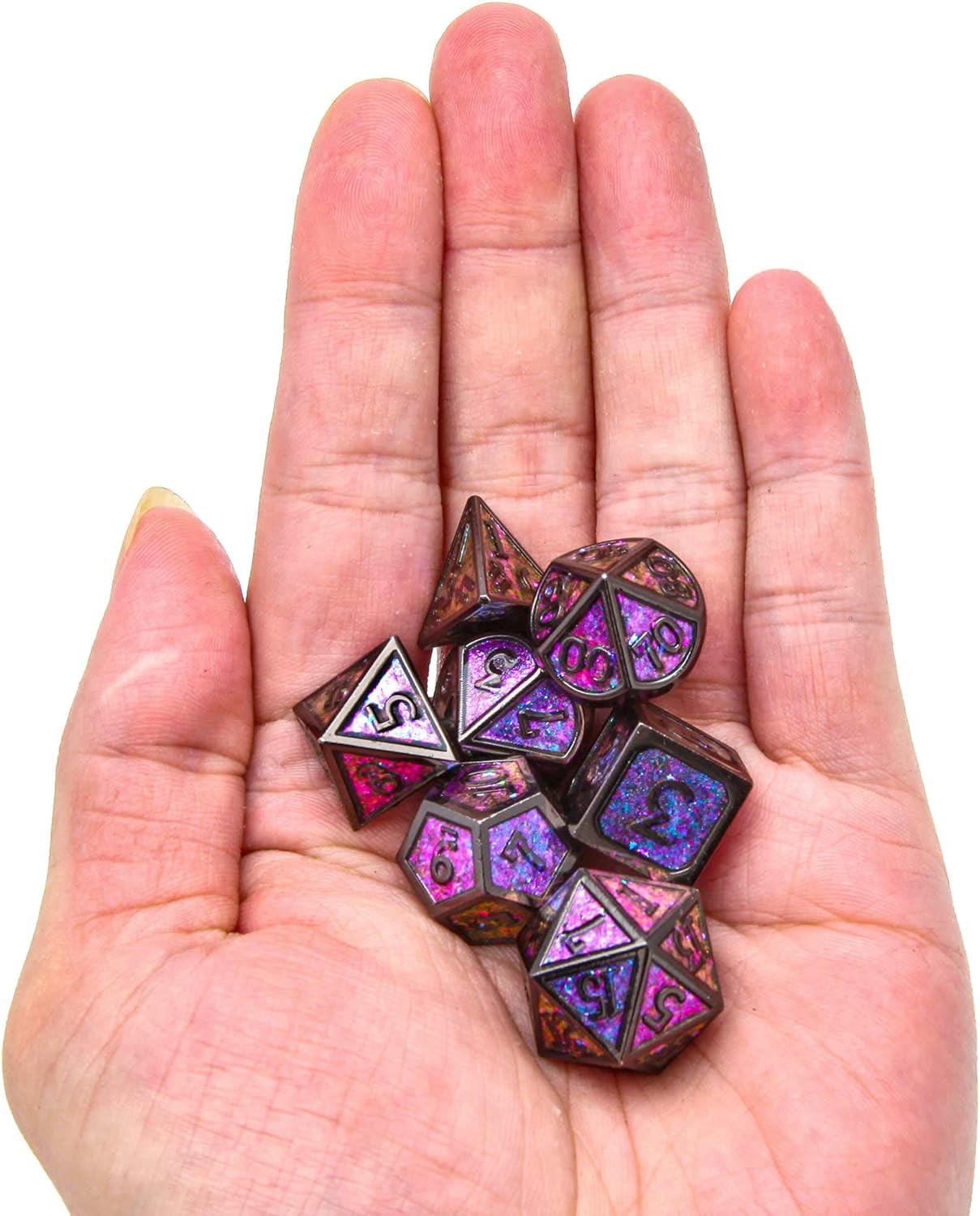 The DND Metal Polyhedral Dice Set, a 7-piece set, is perfect for Dungeons and Dragons role-playing board games and makes a wonderful holiday party gift and decoration.