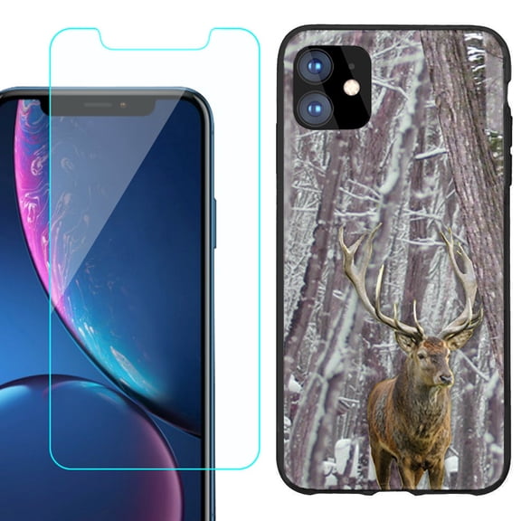 For Apple iPhone 11 Phone Case , Slim-Fit TPU Protective Case (Black), with Tempered Glass Screen Protector, by OneToughShield ® - Deer/Snow/Camo