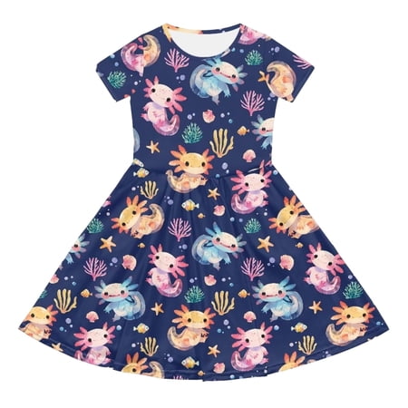Girls Dress Youth Playful Comfortable Cartoon Print Short Sleeve Daily Midi Dress Girl Dresses Blue 11-12Y