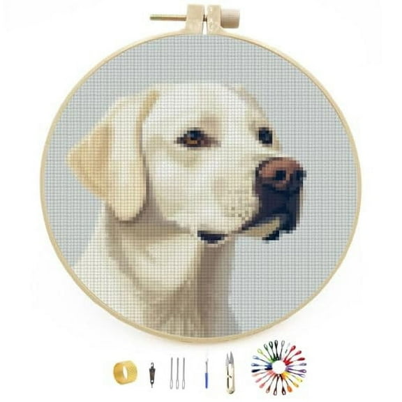 DIY Stamped Cross Stitch Kits White Labrador Dog Easy for Beginners with Hoop 11CT Counted Embroidery Needlepoint Crafts Arts for Handmade Enthusiasts and Home Decor 30x30cm(1)