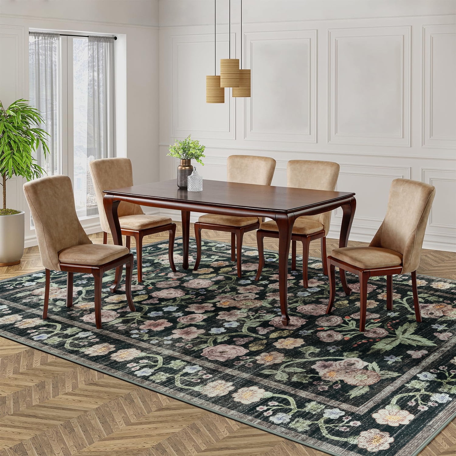 Ultrug Floral Area Rug Soft Non Slip Vintage Rugs for Living Room Bedroom Home Deocr Flower Carpet,6'x9',Black