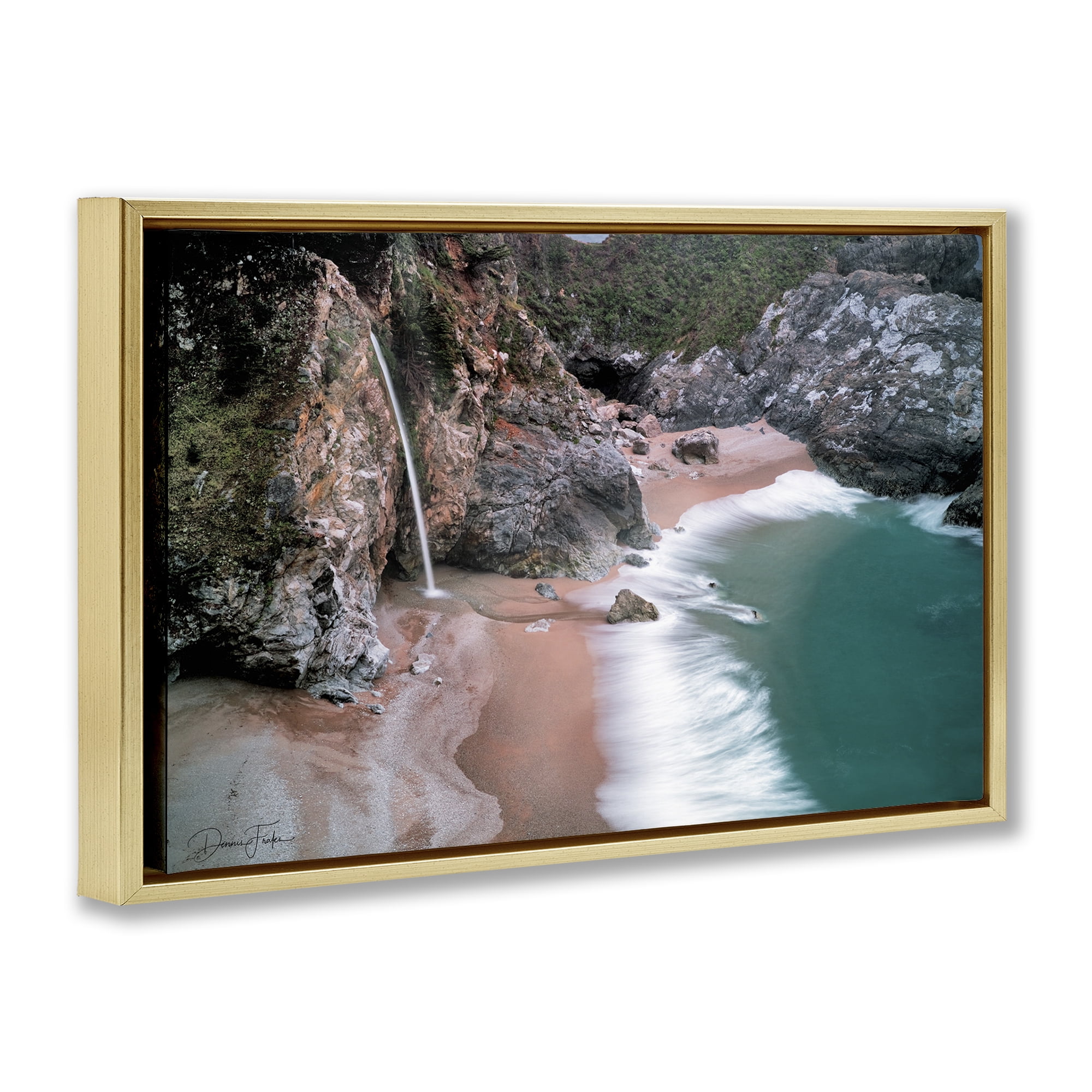 Stupell Industries Tropical Waterfall Cliffs Coastal Painting Gold Floater Framed Canvas Art Print Wall Art, 31 x 21