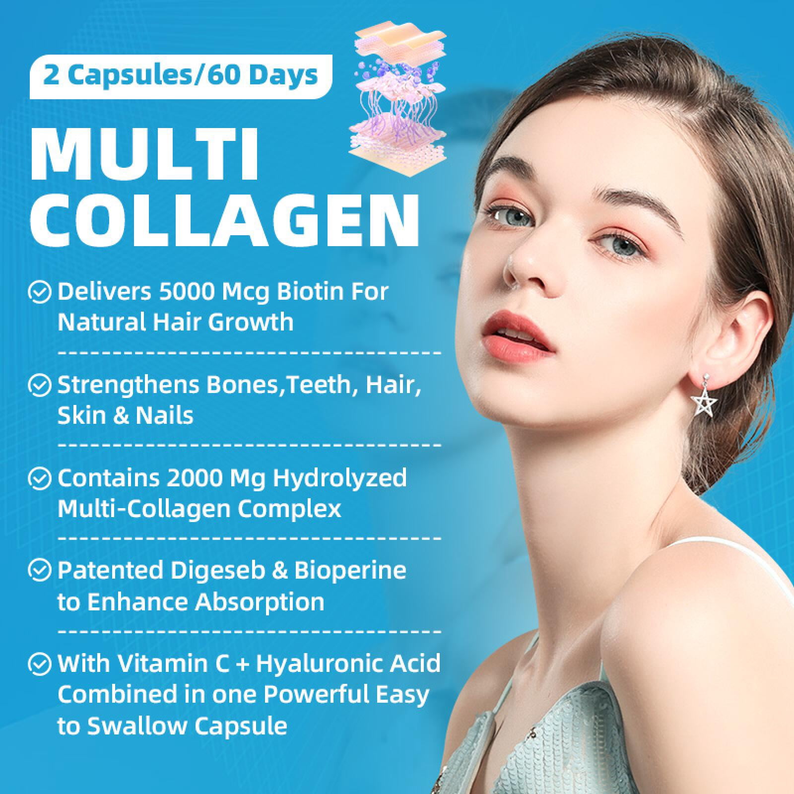 (2 PACK) Multi Collagen Capsules with Biotin & Vitamin C - 5 Types (I, II, III, V, X) - 120 Capsules