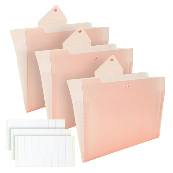 3 Pack Expanding File Folder, Pocket Document Organizer with Snap Closure and Labels (Letter Size, Pink)