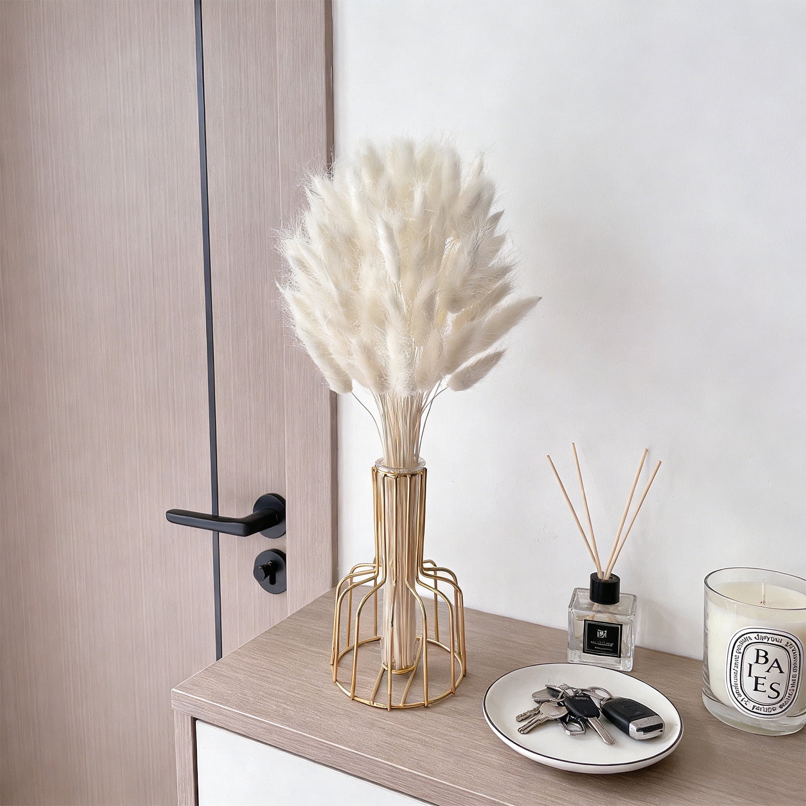 B 60 Stems White Bunny Tails Artificial Dried Flowers Includes Vase For Home Decor And Parties