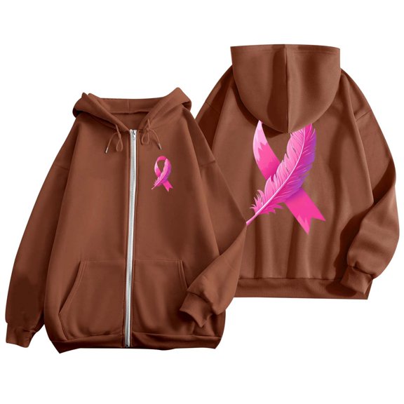 2024 Hot Women's Autumn And Winter Cancer Day Ribbon Feather Print Zipper Long Sleeve Pocket Drawstring Casual Sports Hooded Sweatshirt Sweatshirts Oversized Sweatshirt Zipper Hoodie Women Softy Sweat