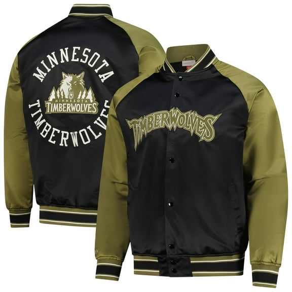 Men's Mitchell & Ness Olive/Black Minnesota Timberwolves Clutch Satin Raglan Full-Snap Jacket