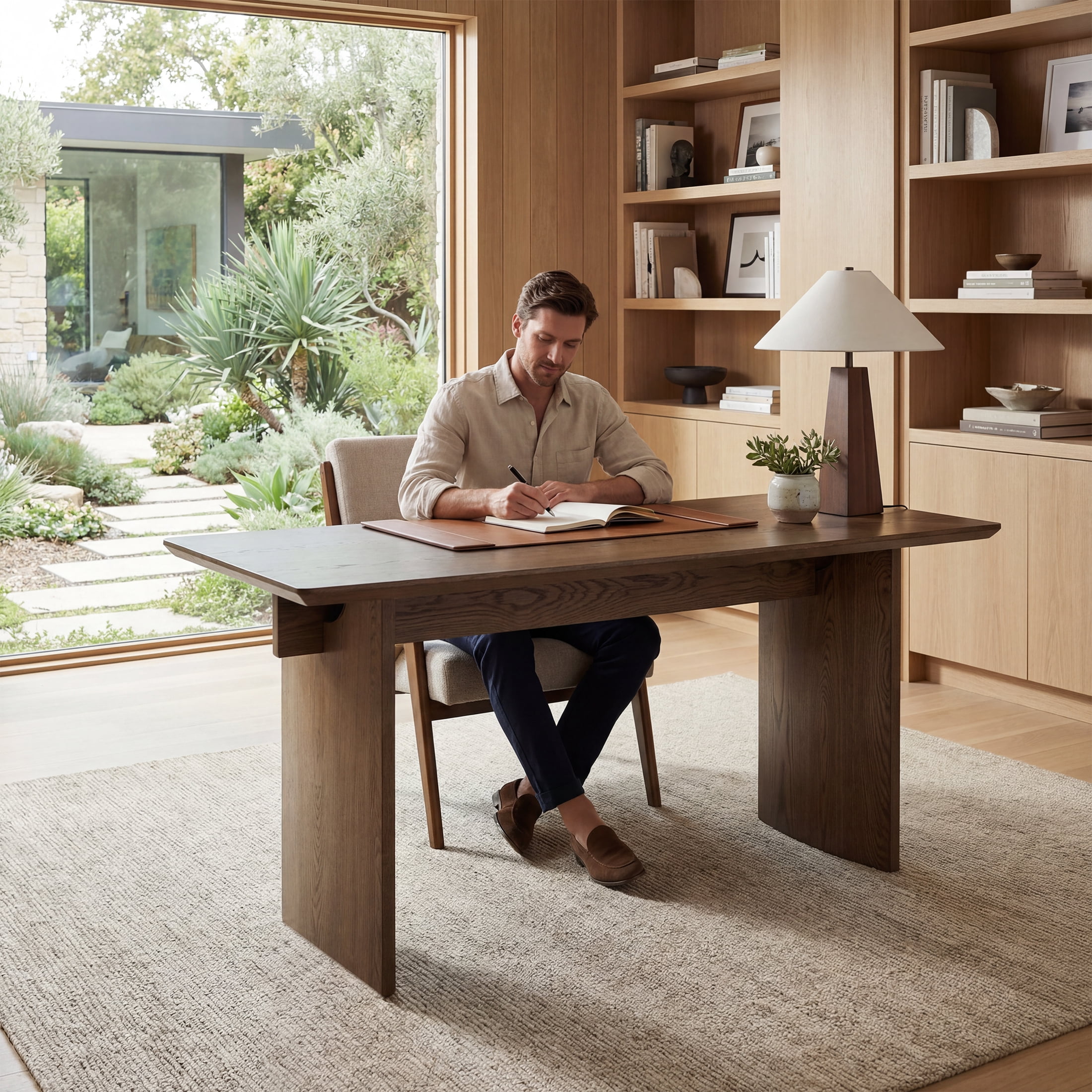 Guyou 55" Natural Oak Desk, Light Wood Finish MDF Study Table, Versatile Vanity & Office Desk with Sculptural Legs, Sturdy Two-Pedestal Design for Work & Study, Walnut