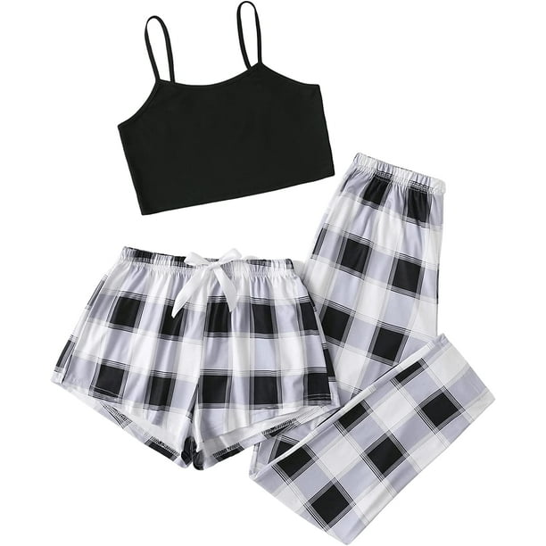 Conjunto de pijama a cuadros de 3 piezas para mujer conjunto de pantalones cortos con pantalones ropa de dormir negro y blanco M negro y blanco M Xishao ropa Walmart en linea
