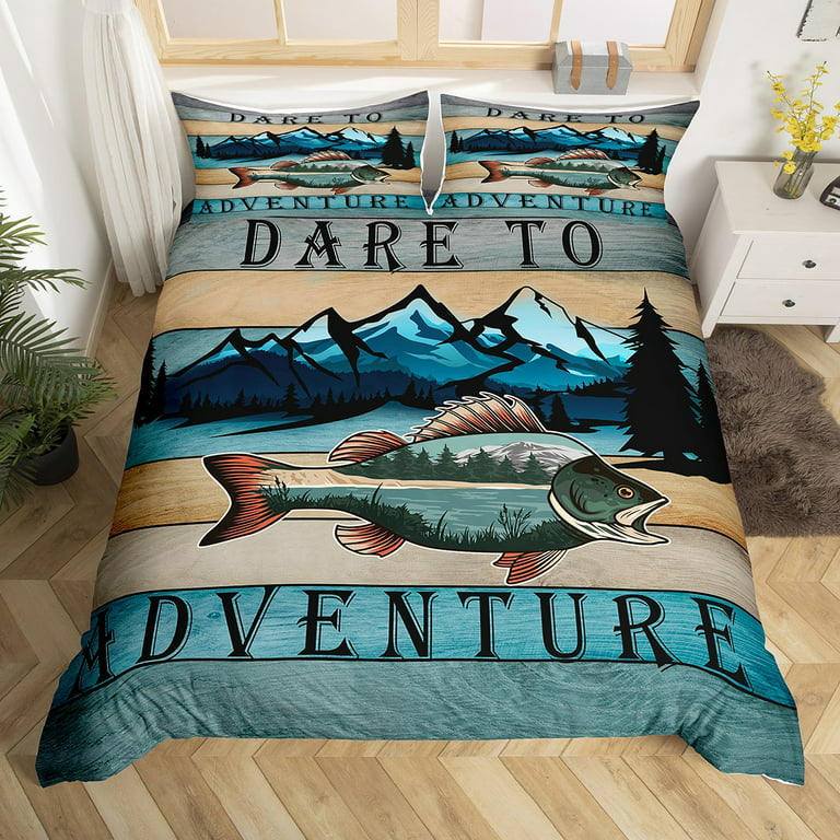YST Hunting and Fishing Bed Set Big Bass Fish Duvet Cover for Boys Men,  Rustic Cabin Bedding Set Queen Farm Animal Comforter Cover Happy Camping  Adventure Bed Cover with 2 Pillowcase 