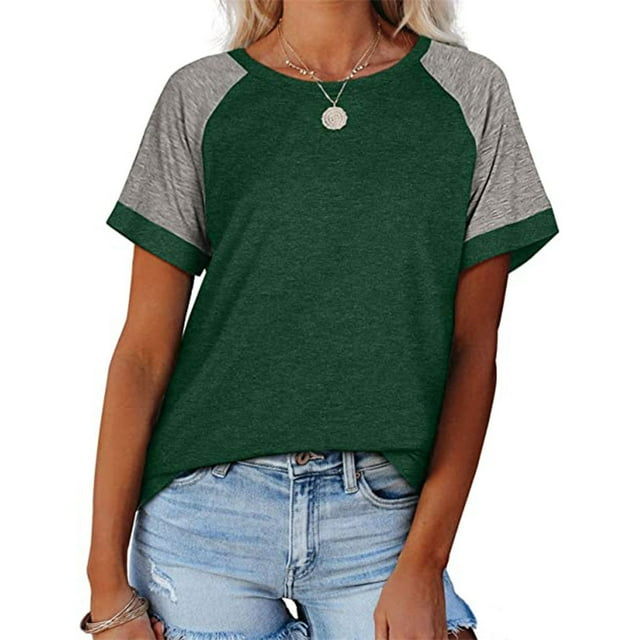 T-Shirt Femme à Manches Courtes Color Block Col Rond Blouse Décontractée, Vert, m